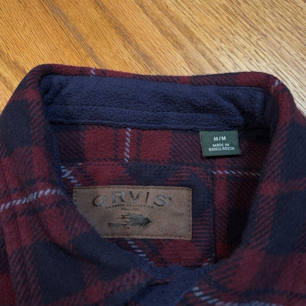 Orvis‎ Flannel Shirt Mens Medium Red Blue Buffalo Plaid Heavyweight Shacket - Picture 2 of 9